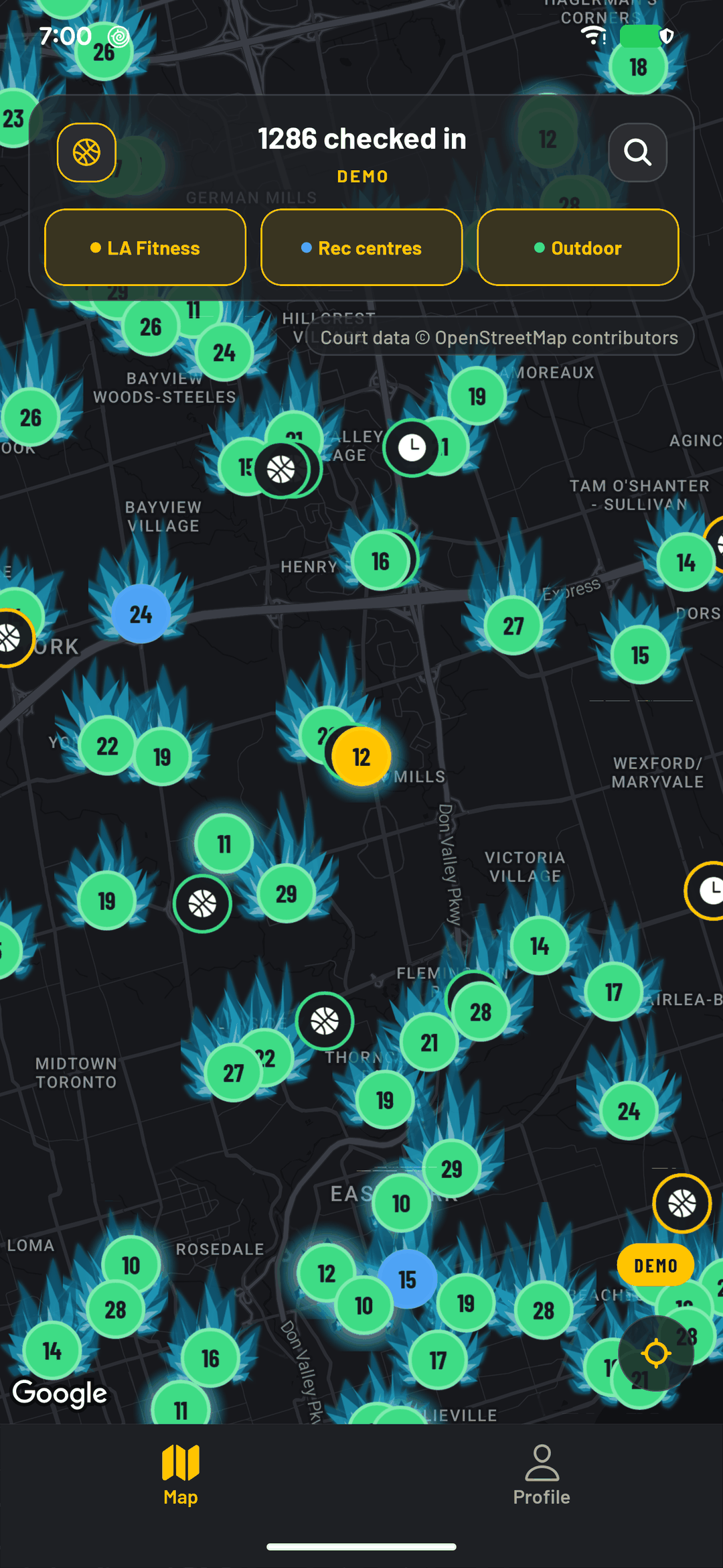 Actual openHoops app screen, with demo data, showing basketball courts on the map around Toronto.